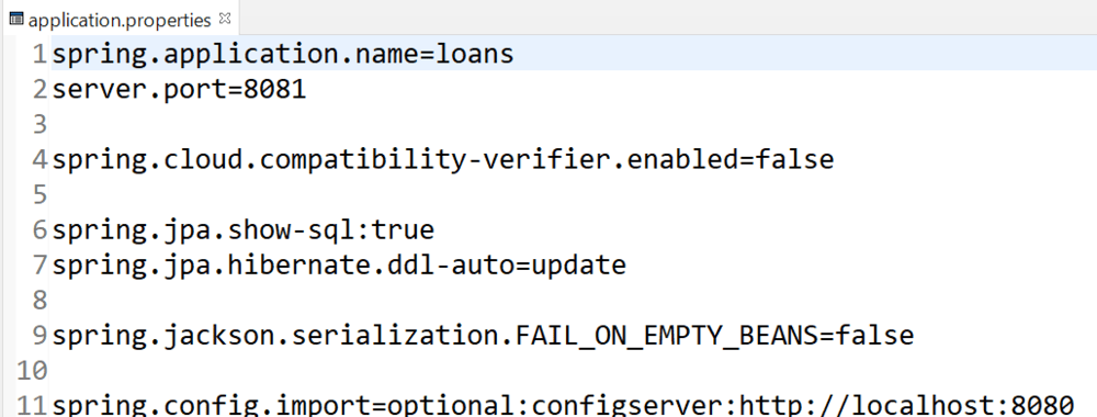 Application.properties file of the Loans Application
