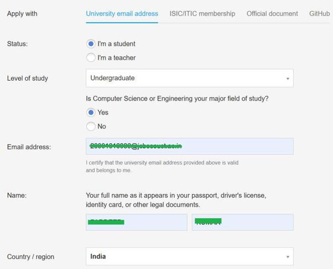 Filling Details for Student License