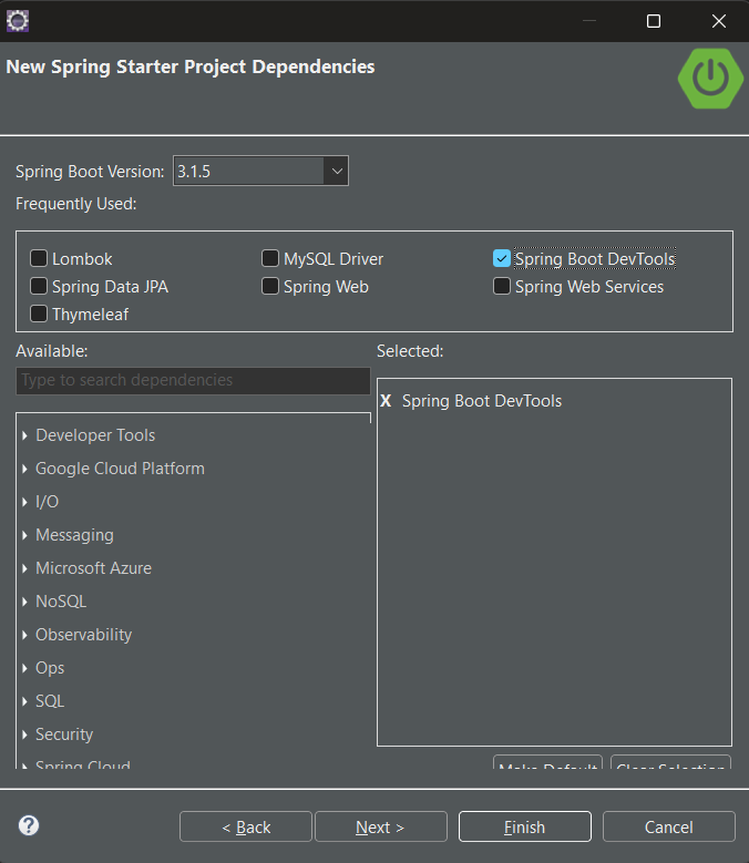 Dependency selection Window