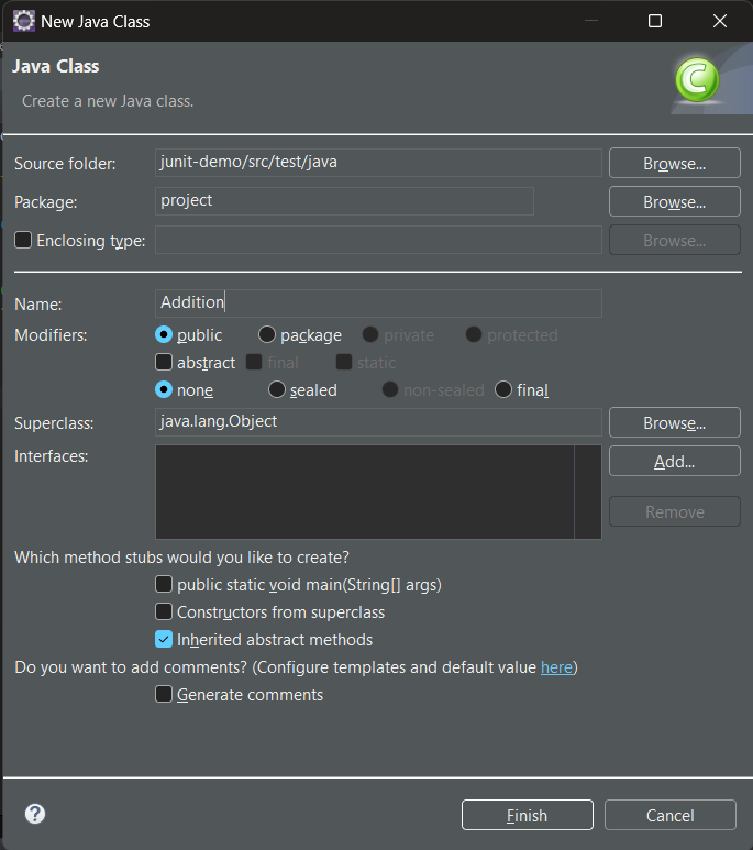 configuration for a new class