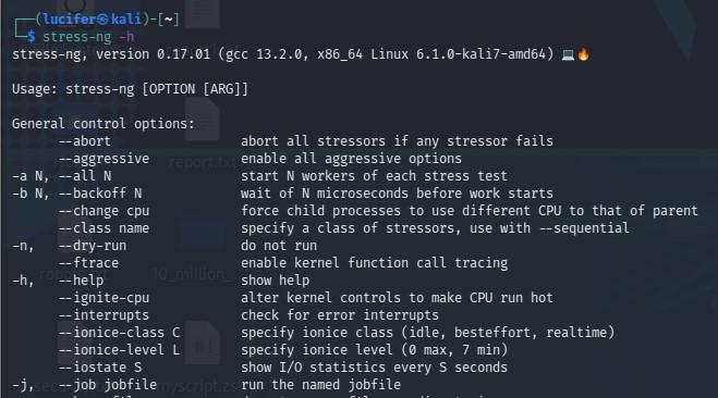 Help Page of stress-ng tool