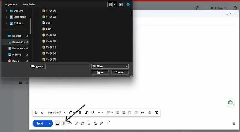 Find Attachment icon in dialog box