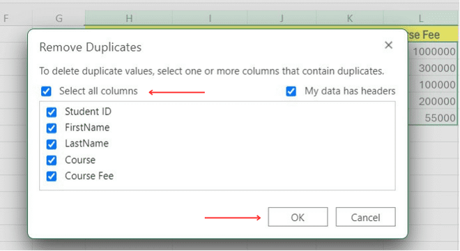 Select All Columns and click OK