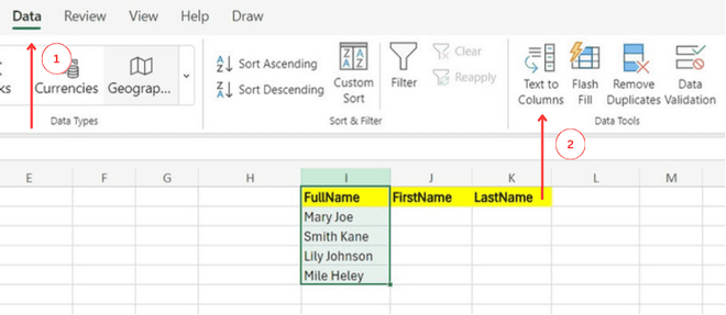Go to the Data tab and click on "Text to Columns"