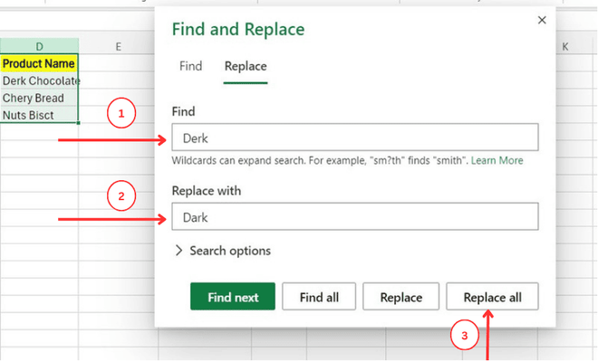 Click on Replace all after entering the data