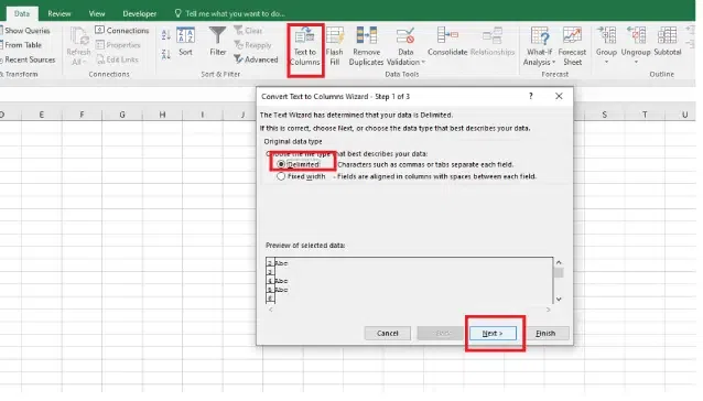 Access the Data Tab, Click Text to Columns and Select Delimited