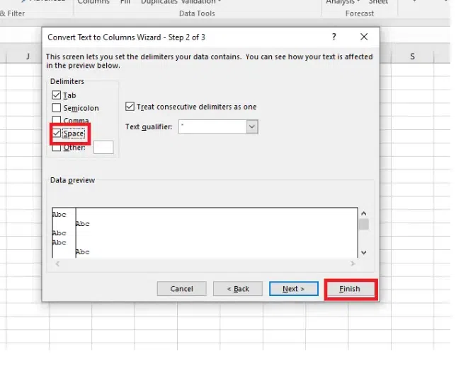 Select Space and Click on Finish