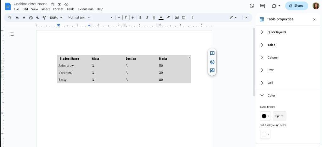 Set Table border to "0pt".