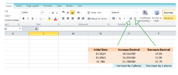 Use Increase Decimal or Decrease Decimal command on the Home tab in the Number group