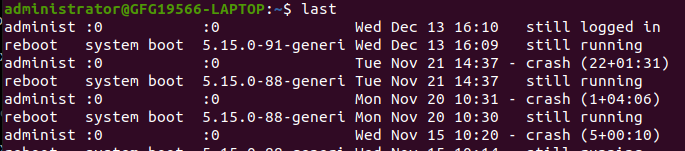 Using `last` Command to List Current Logged-in Users in Linux