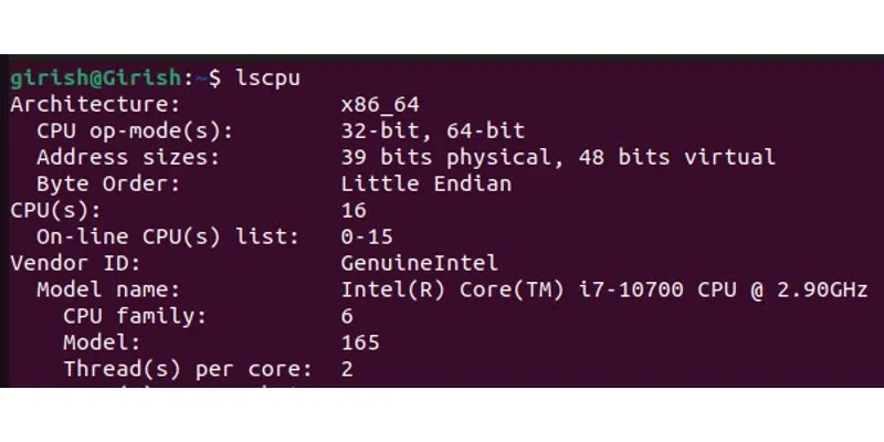 Running "lscpu" command