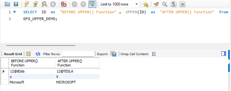 using upper function on a column