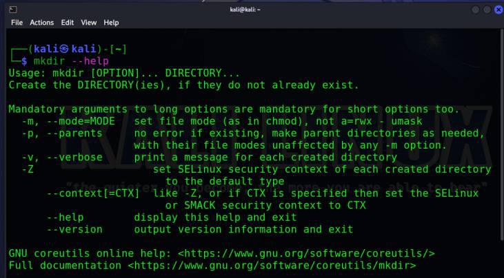 Viewing Help Section of mkdir Command