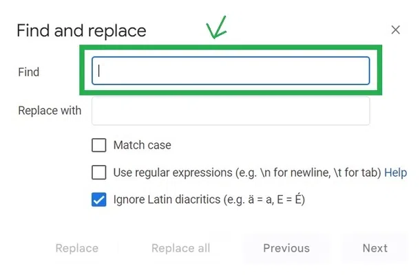 Type the word you are searching for in the input field 'Find'