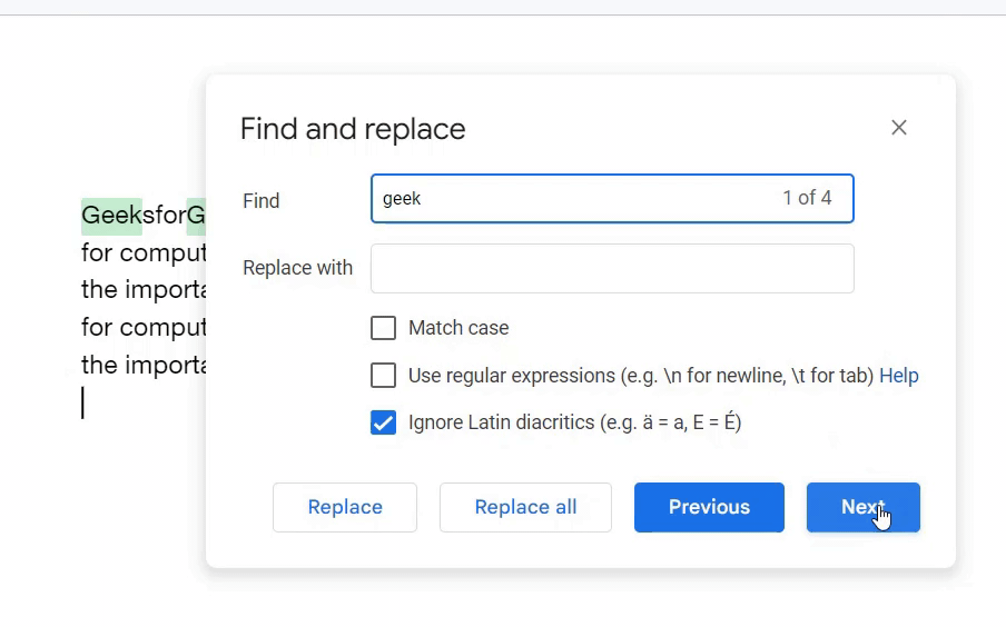 Select the 'Next' and 'Previous' buttons in the popup