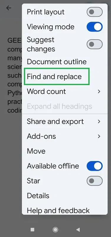 Tap on 'Find and replace' in the panel opened