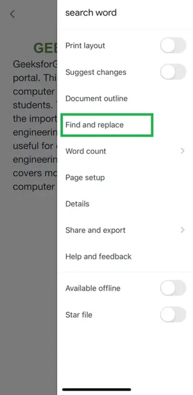 Tap on 'Find and replace' in the panel