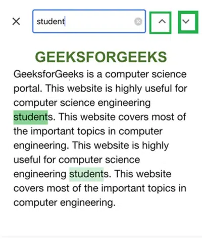 Tap on the up and down icons to navigate through each search results in the document