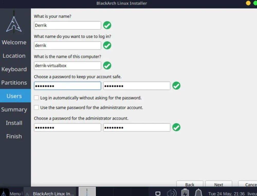 Select the username, password, and the root password for the installation