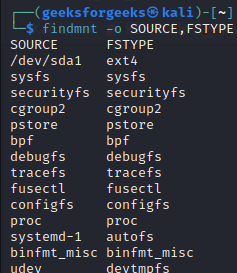 findmnt command to display file system type in linux