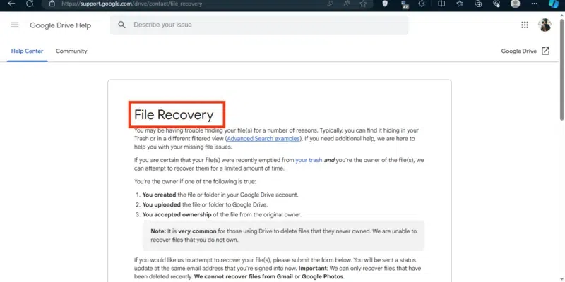 File Recovery Page Opened, Scroll Down