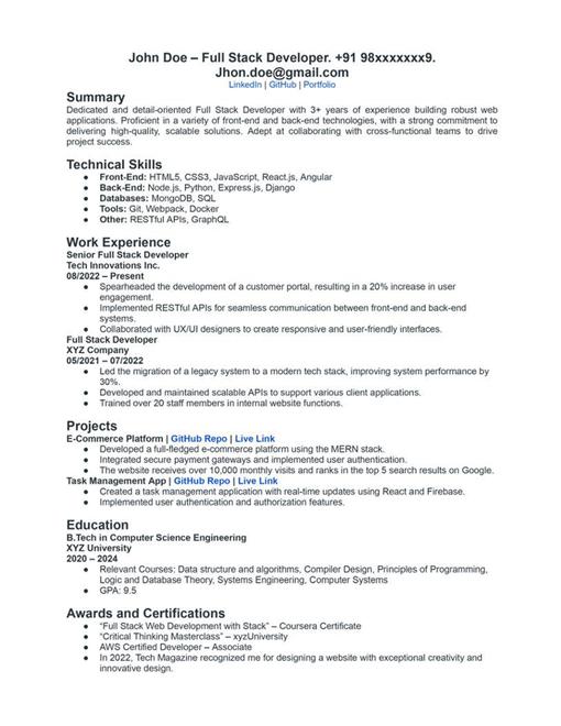 Full stack developer resume template examples and tips geeksforgeeks