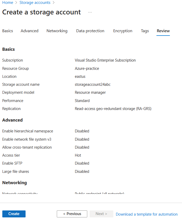 Review and Create Storage 