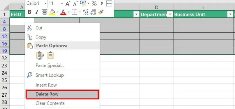  Select Filtered Blank Rows, Right-Click and Click on Delete Rows