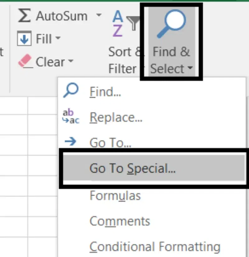 Go to Home, Select Find and Select and Click on Go to Special