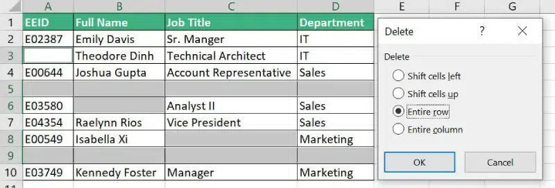 Select Empty Rows, Navigate to Delete Option and Select Entire Row