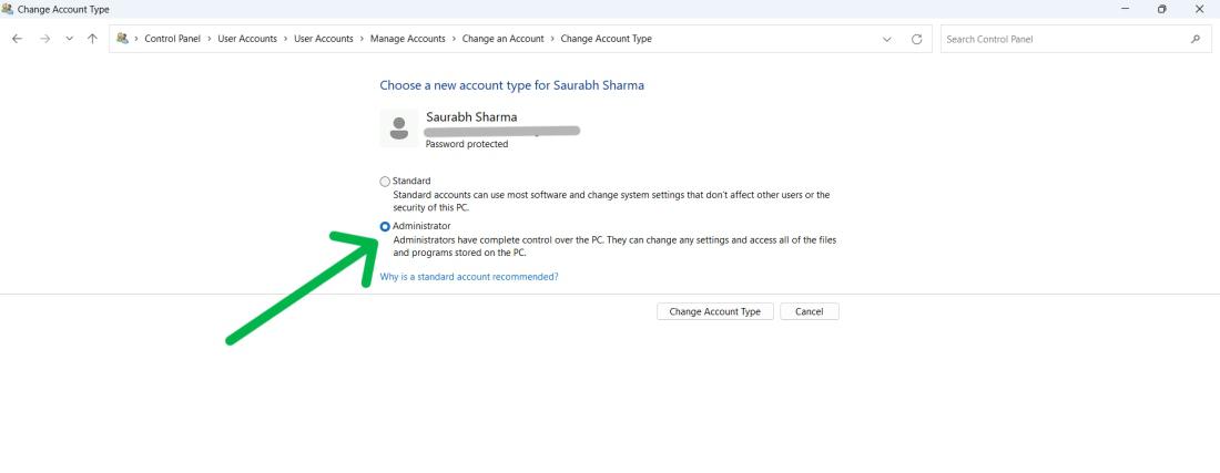 How to change a user account to Administrator on Windows 11