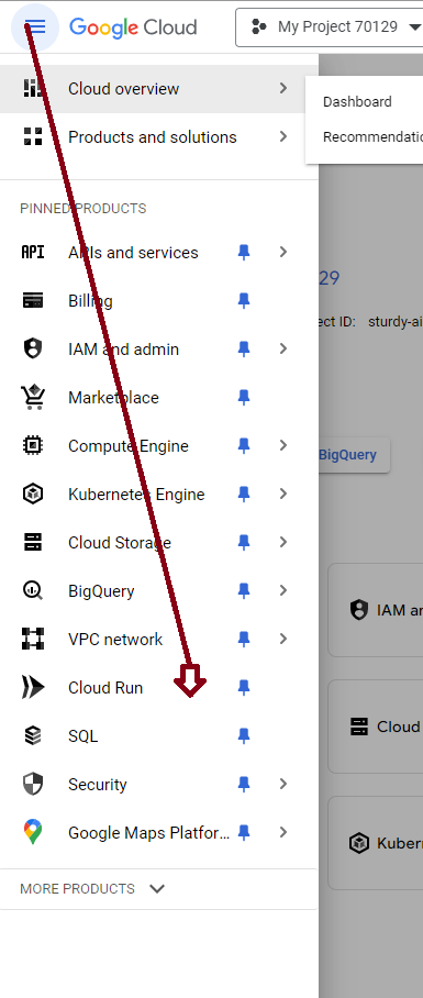 Clicking Cloud Run in GCP Menu