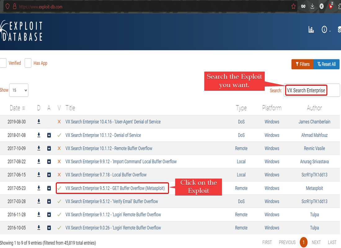 Searching for Exploit on Exploit-DB Website