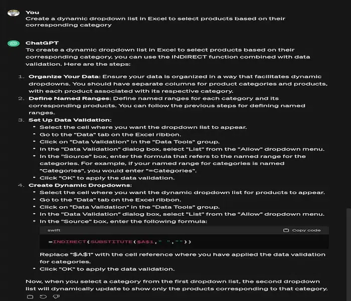 dropdown list in Excel to select products based on their corresponding category