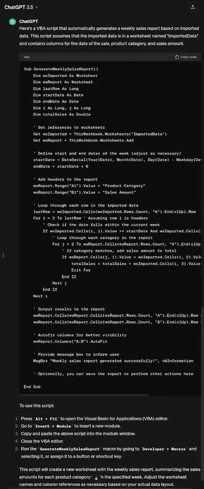 VBA script to automatically generate a weekly sales report 