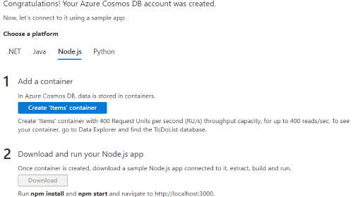 Successful creation Of Azure Cosmos DB Account