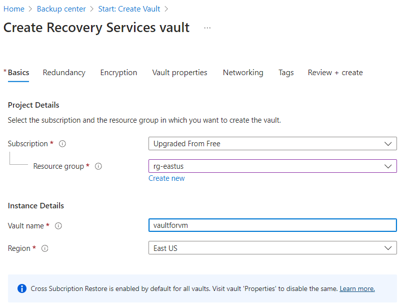 Creating Recovery Services Vault