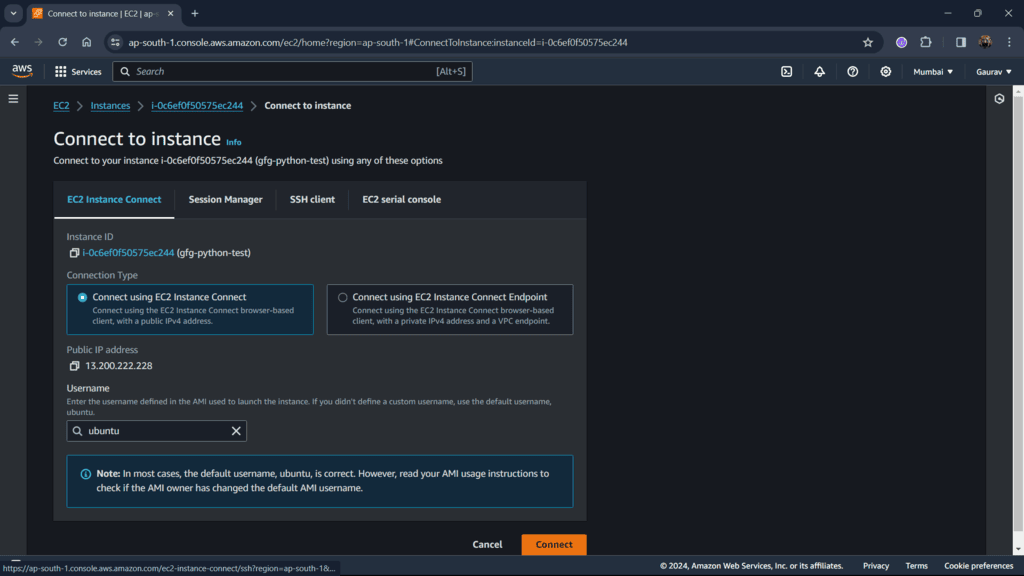 Connecting EC2 Instance Console