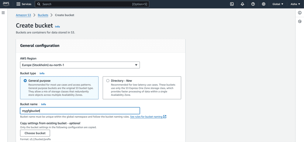 Create a new bucket on AWS S3