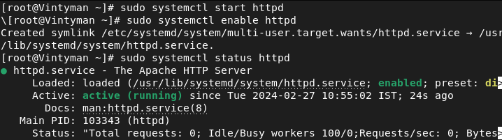 starting , enabling and viewing status of httpd