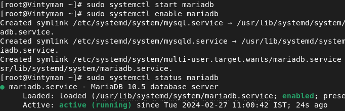 star and enable mariadb in rhel9