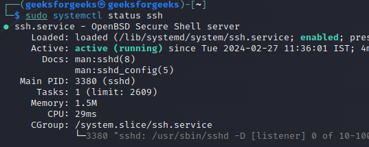 checking status of ssh in kali linux