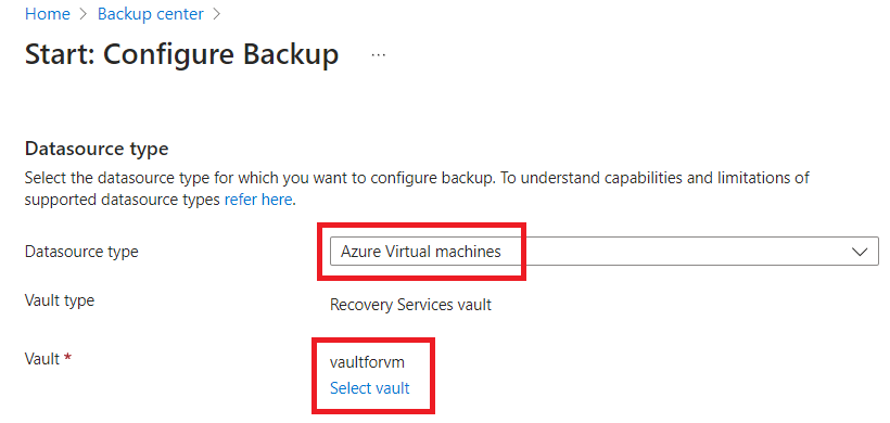 Selecting VM and vault 