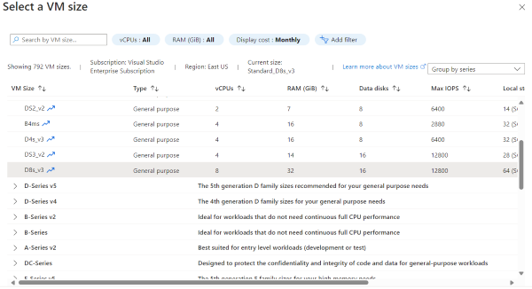 Selecting the VM Size