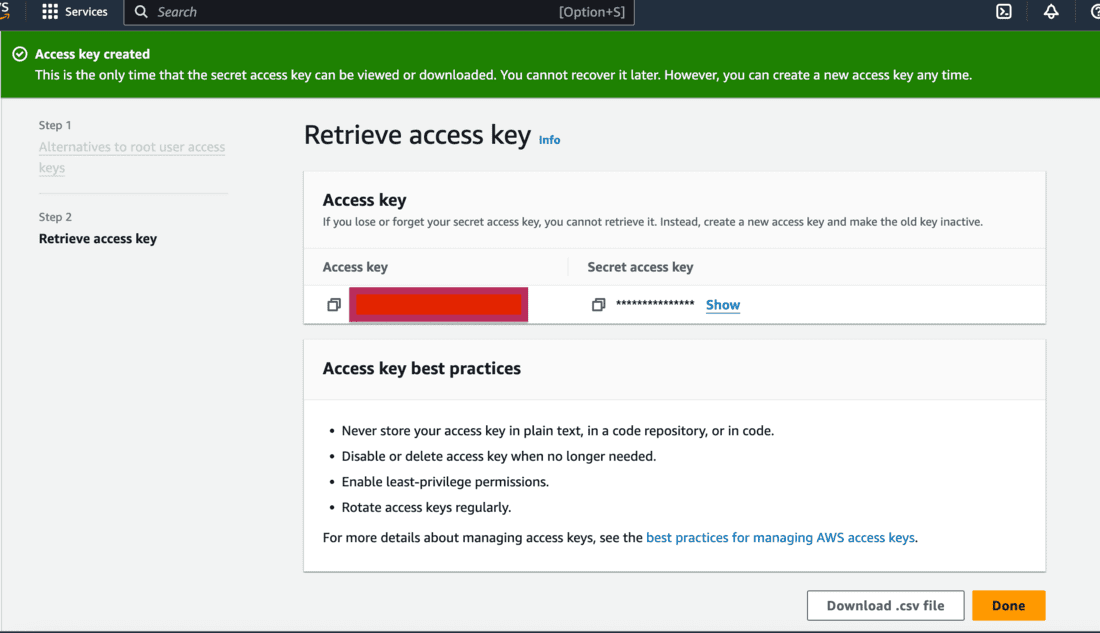 Access and Secret access key created