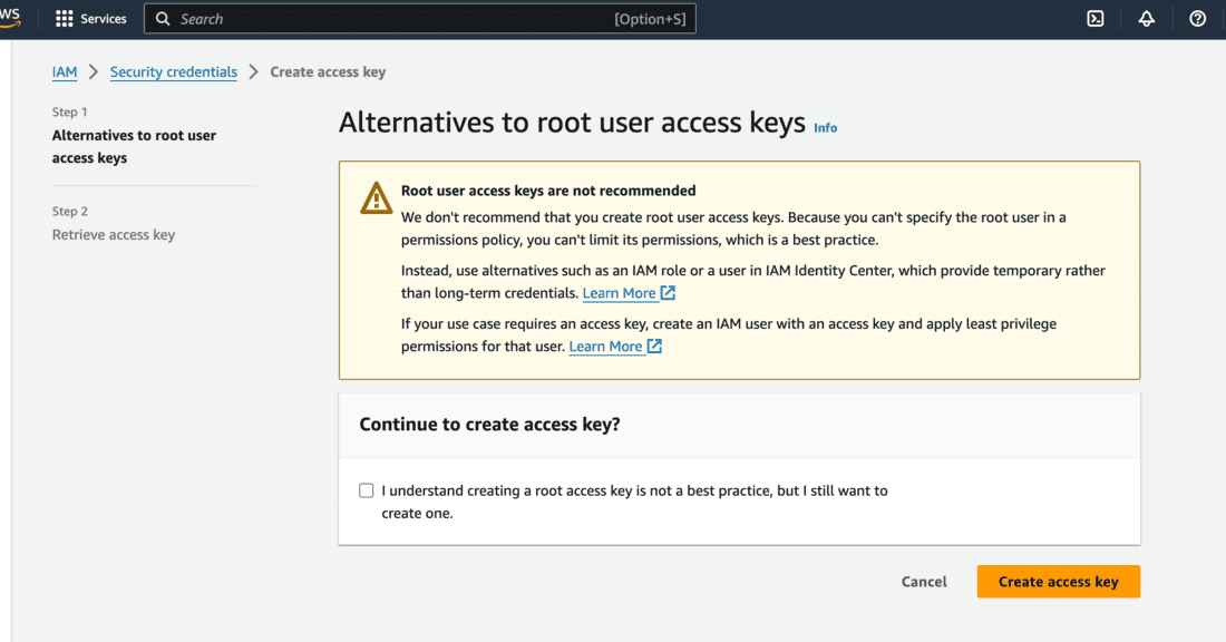 Warning for access key creation