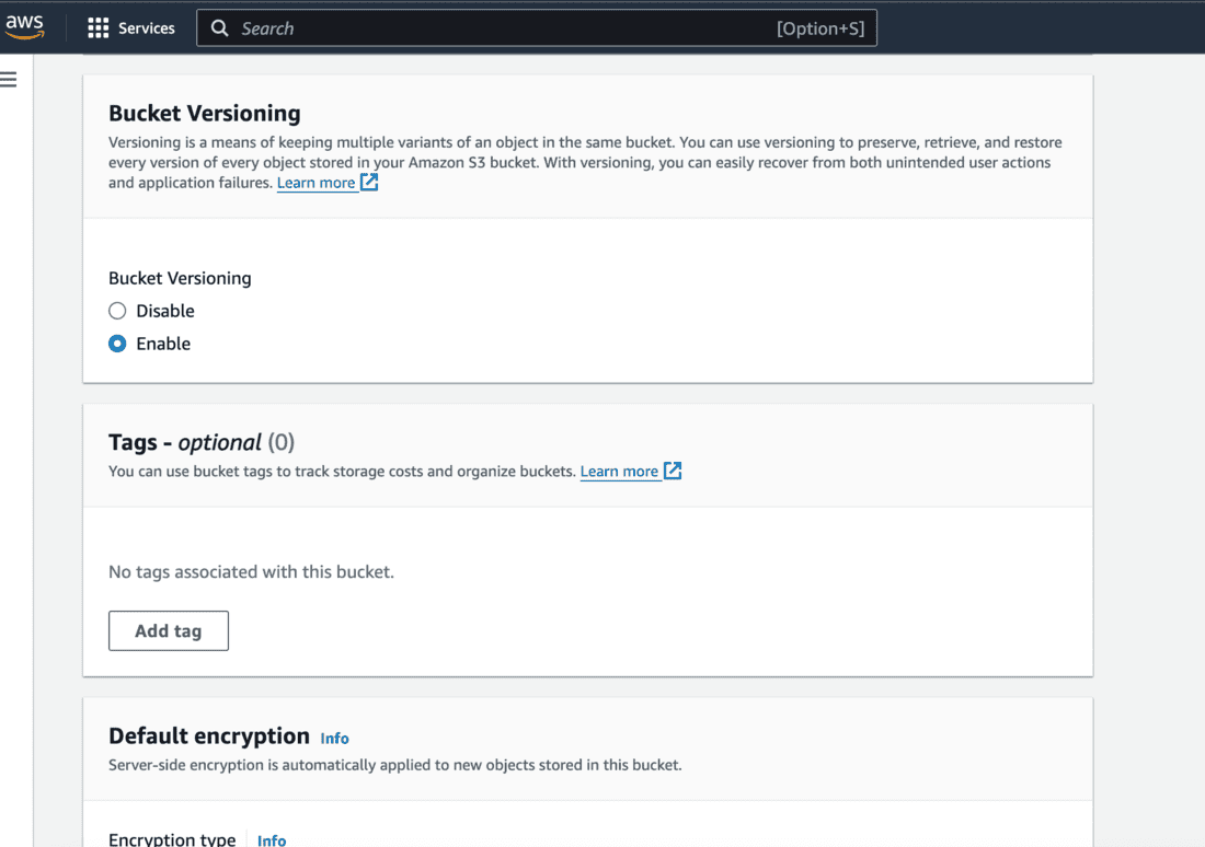 Enable bucket versioning