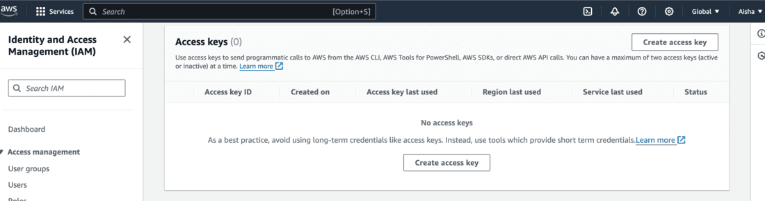 create access key for root user