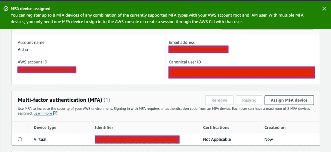 MFA device assigned