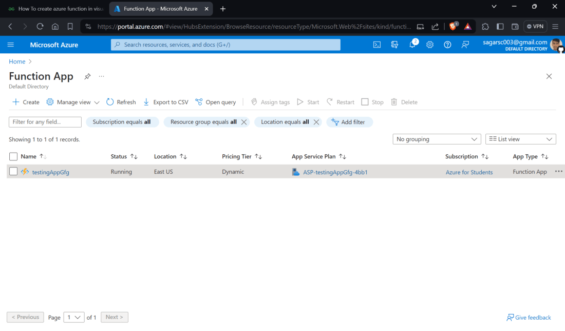 Successfully Created Azure Function App